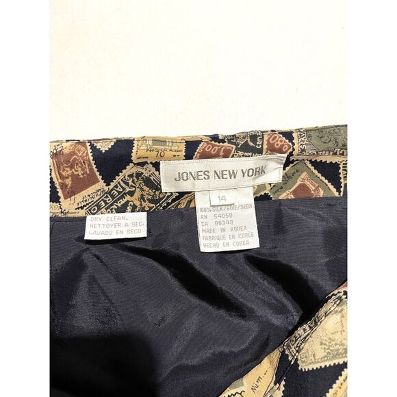 Jones New York 100% silk wrapped skirt novelty print brown stamps fall women 14 - Picture 3 of 5